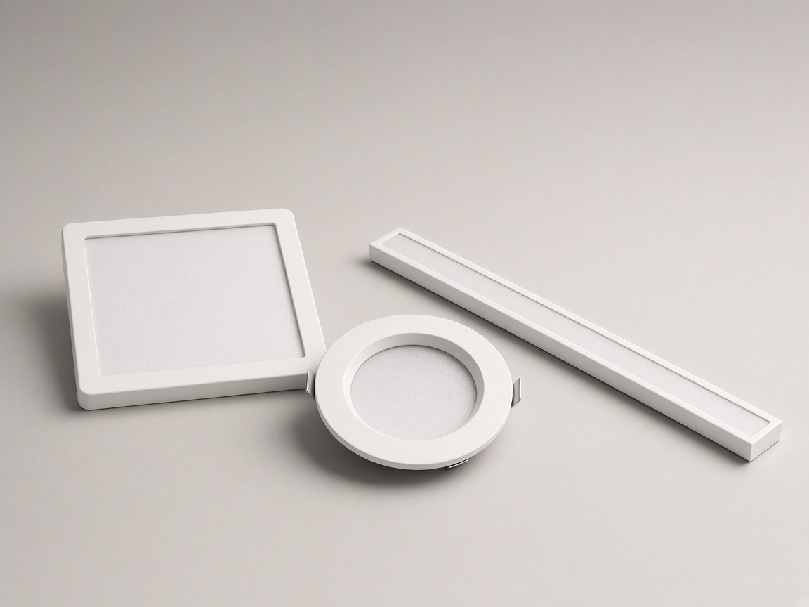 Aydınlatma ürünlerini temsil eden görsel: panel, downlight ve linear armatür