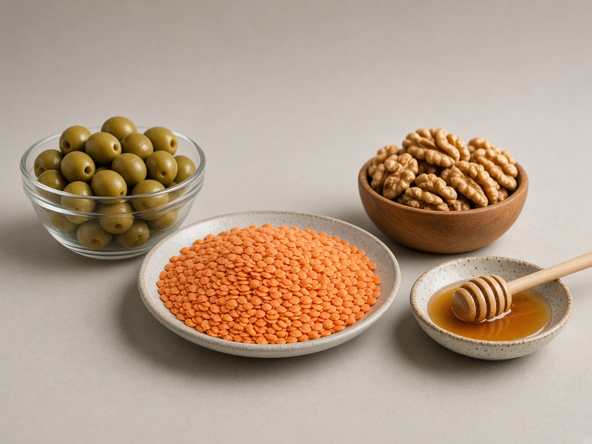 Gıda ürünlerini temsil eden görsel: zeytin, mercimek, ceviz ve bal