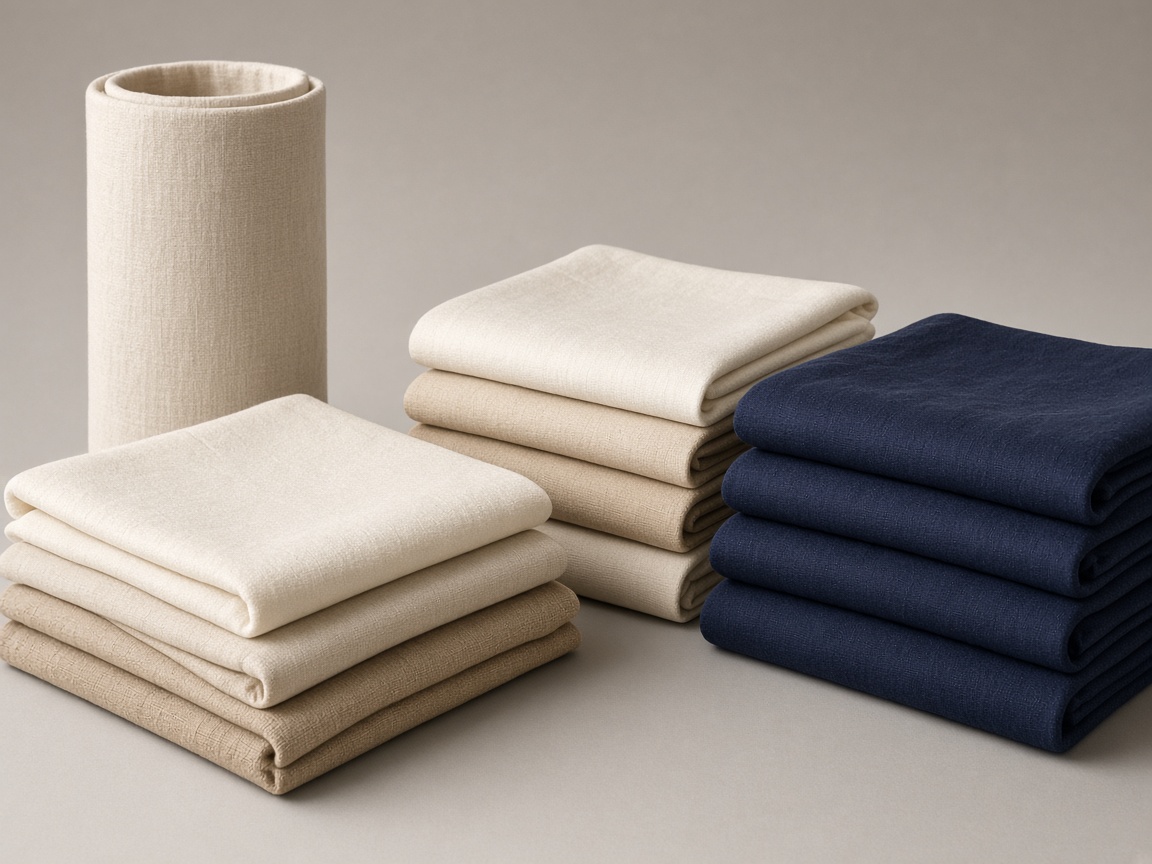 Tekstil ürünlerini temsil eden görsel: katlanmış kumaşlar ve kumaş topu